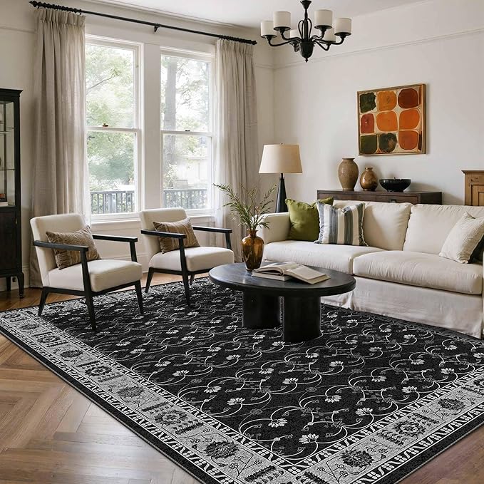 Rugxara Black Rug Area Rugs 5x7, Washable Rugs for Living Room, Vintage Boho Rug for Office, Dining Room, Kids Room and Farmhouse, Durable Low Pile Non-Slip Area Rug for High Traffic Areas(Black 5x7