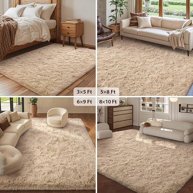 FinRèc 9x12 Feet Tan Rugs for Living Room Bedroom, Fluffy Plush Area Rug, Non-Slip High Pile Shaggy Rug for Kids Room Dorm Room Home Decor, Indoor Solid Shag Floor Carpet