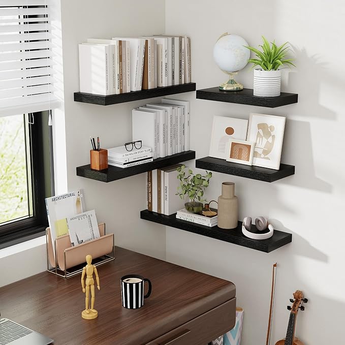 Acovy 24 Inch Floating Shelves, 8 Inch Deep Floating Shelves for Wall, Hanging Shelf with Invisible Brackets, Deep Shelves for Bathroom, Bedroom, Living Room, Black, Set of 2