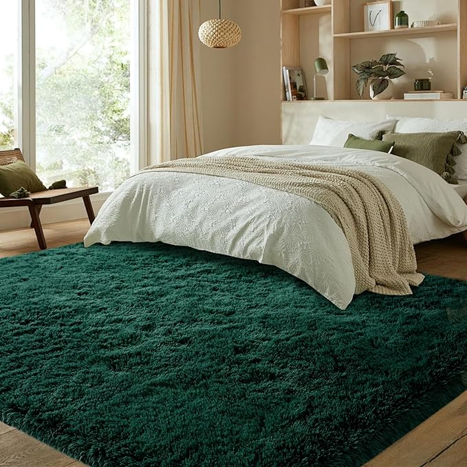 Fluffyrug Green Rugs for Living Room 5x8: Dark Green Shag for Bedroom-Large Fuzzy Plush Soft Carpets, Shaggy Area Rugs for Living Room, Carpet for Kids Boys Girls Dorm Home Decor Aesthetic