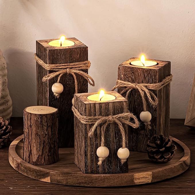 MelonBoat Rustic Wood Candle Holders: Farmhouse Candle Holders with Battery Operated Candles，Rustic Farmhouse Decor, Flameless LED Candles 3-Pack for Living Room Party Holiday Home Decor