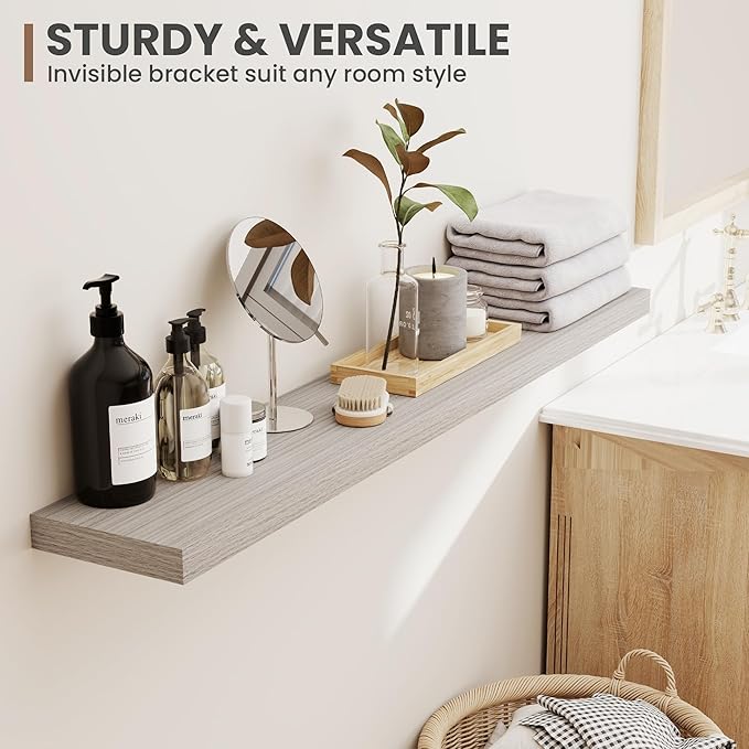 Acovy 72 Inch Floating Shelves, 8 Inch Deep Floating Shelves for Wall, Hanging Shelf with Invisible Brackets, Deep Shelves for Bathroom, Bedroom, Living Room, Grey, Set of 2