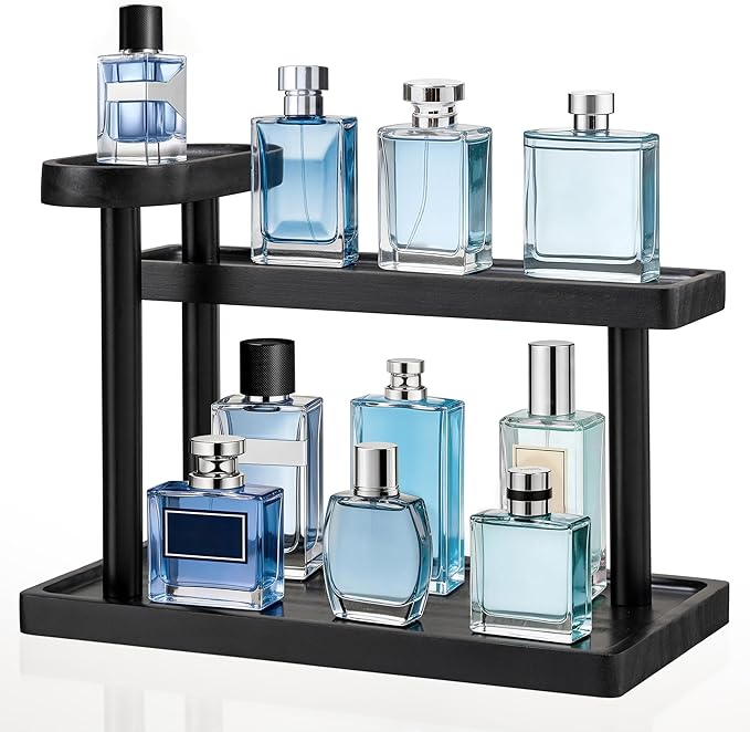 HBlife Cologne Organizer for Men, 12.5 Inch Cologne Stand for Men, Wooden Perfume Rack Display Shelf, 3-Tier Perfume Stand Organizer for Bedroom, Bathroom and Vanity, Ideal for Makeup Storage, Black