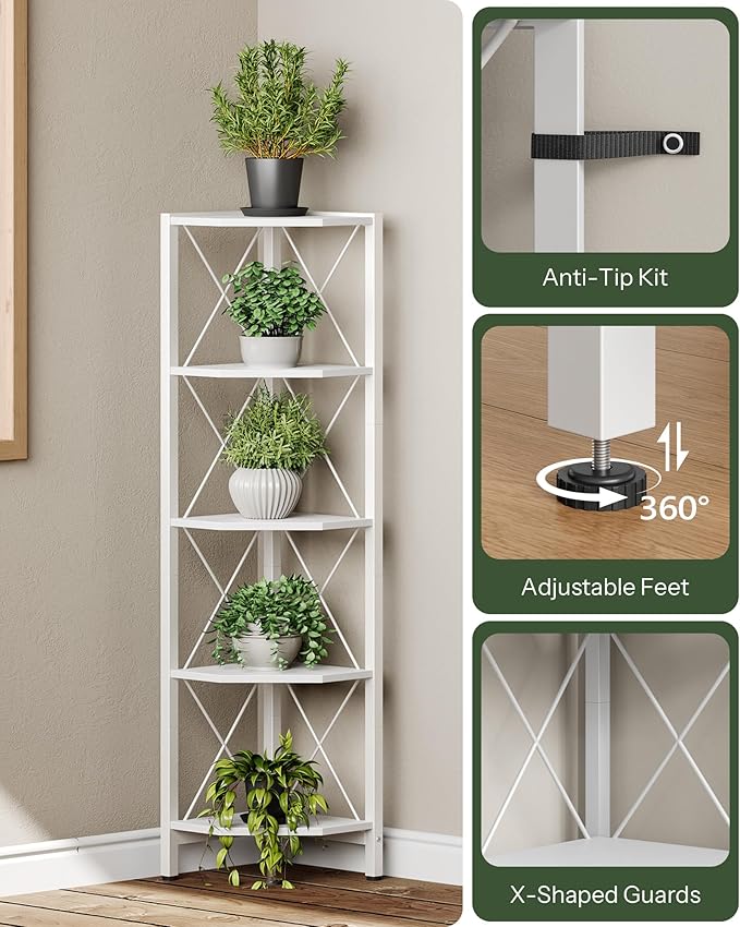 CHOEZON 5-Tier Corner Shelf, Corner Bookcase, 55.2" Tall Vertical Display Rack, Plant Stand, Open Storage Shelf, for Living Room, Bedroom, Study, Kitchen, White TCJ12WB
