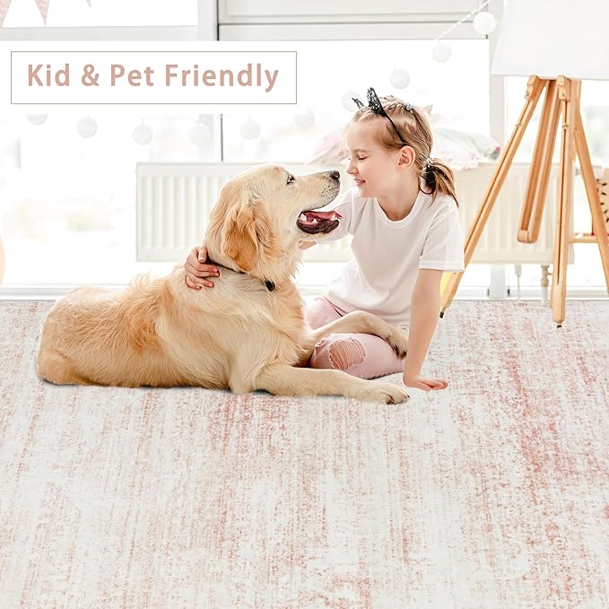 Srugn Washable Rugs 9x12 Area Rugs for Living Room,Rugs for Bedroom,Large Carpets,Ultra Soft Faux Wool Retro Dining Room Rug,Non Slip&Non-Shedding Low Pile Vintage Print Rug for Home Office-Pink White