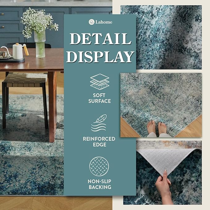 Lahome Modern Abstract 8x10 Area Rugs for Living Room, Washable Accent Rugs for Bedroom Stain Resistant Non Slip, Large Soft Indoor Carpet for Dining Room Table Home Office Decor, Blue/Grey