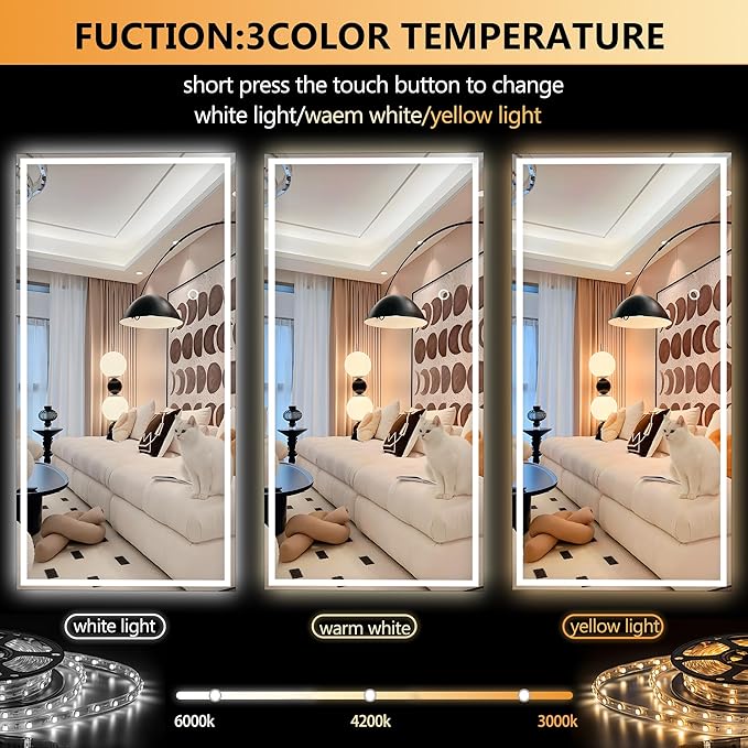 Hasipu Full Length Mirror with Lights, 79" x 36" LED Lighted Floor Standing, Full Body Dressing Hanging Mounted Mirror, Tempered Glass, Square Black