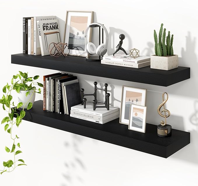 Heimlove Floating Shelves for Wall 48 Inch Long,Extra Large and Thick Wood Shelves Mounted Storage Hanging Shelf Invisible Bracket for Bedroom,Living Room,Kitchen,Office,Set of 2,Black