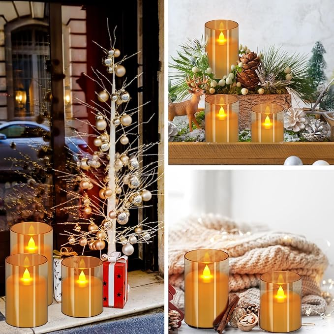 wemarry Flameless Candles 4" 5" 6" Acrylic Glass Pillars 3" Diameter Battery Operated Flickering Candles Include 8-Key Remote with Timer Function 400+ Hours (Gray, Warm Light 12 Pack)