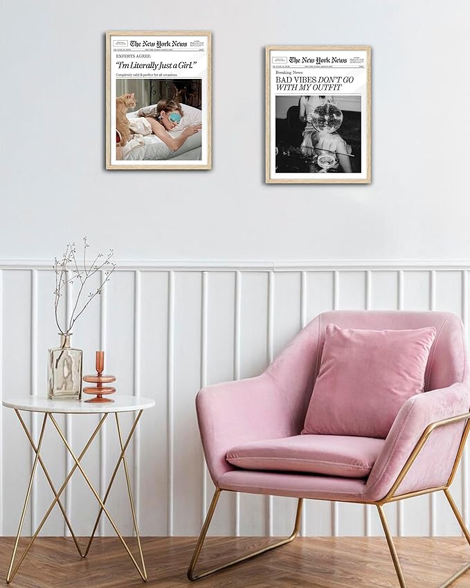 EcoHest Small Trendy Newspaper Magazine Framed Wall Art, 8x10 in OAK Wood Bad Vibes Don't Go With My Outfit Disco Bar Canvas Wall Art, Preppy Retro Home Decor For Bedroom Living Room 1Pack