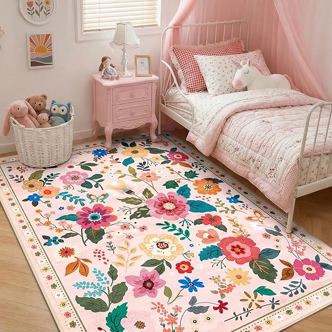 RELEANY Floral Nursery 4x6 Area Rugs Washable Print Boho Cute Carpet Non Slip Flower Low Pile for Living Room Kids Girls Playroom Bedroom Kitchen Office Farmhouse-Pink