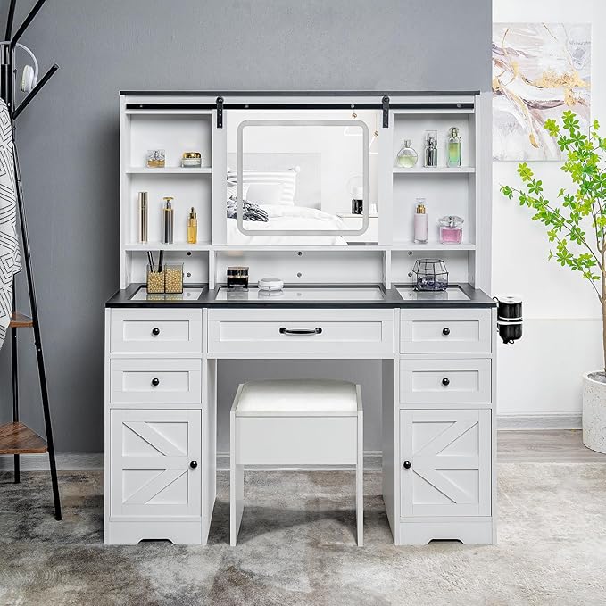 Naomi Home 47" Farmhouse Makeup Vanity with Sliding Mirror, Glass Top Organizer, 3-Color LED Lights, Charging Station, 5 Drawers, 2 Cabinets & Stool – White Dressing Table