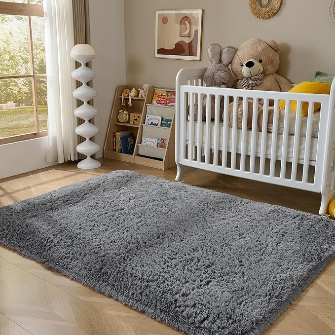 Fluffy Area Rugs 9x12 for Bedroom - Grey Soft Plush Shag Rug for Living Room Nursery Kids Room - Non Slip Fuzzy Shaggy Floor Carpets for Girls Boys Play Room Dorm Decor