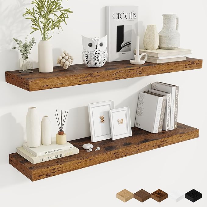 Fun Memories 40 Inch Brown Floating Shelves, 9.3 Inch Deep Wall Shelves for Living Room|Bedroom|Kitchen, Rusitc Wall Mounted Bathroom Shelves 2 Pack, Heavy-Duty Deep Shelf for Books，Decor