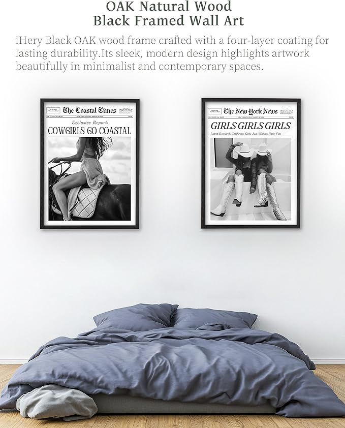 iHery Premium Natural Black OAK Wood 12x16in Girls Just Wanna Have Fun Trendy Framed Wall Art, Black and White Vintage Bar Car Canvas Wall Decor For Dorm Bedroom Living Room 1Pack
