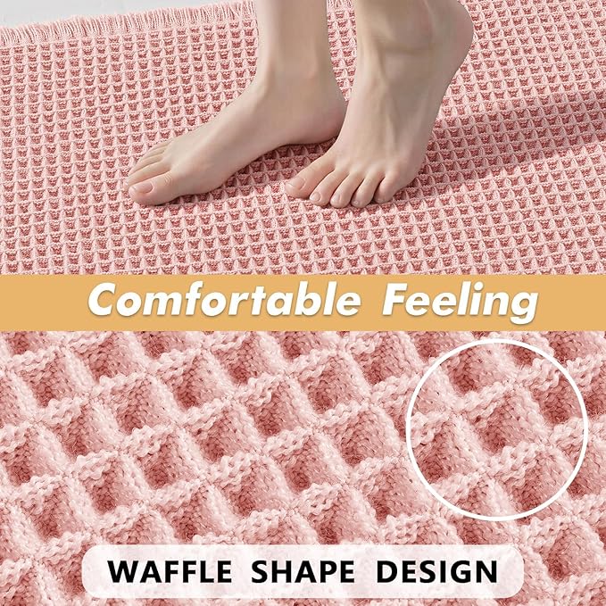 MIULEE Set of 2 Waffle Bathroom Rugs, Boho Bath Rugs Non Slip Washable, Super Absorbent Bath Mats, Ultra Soft Rubber Backed Shower Mats for Bathroom Floor, Tub, Pink, 17"x24"+18"x30"