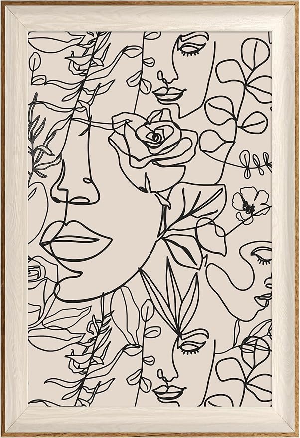 ASTRDECOR Abstract Framed Wall Art, Minimalist Boho Art Prints Women Portrait Line Art Wall Decor, Mid Century Wall Prints, Boho Wall Art Canvas, Neutral Black Beige Bedroom Decor - 16''x24''