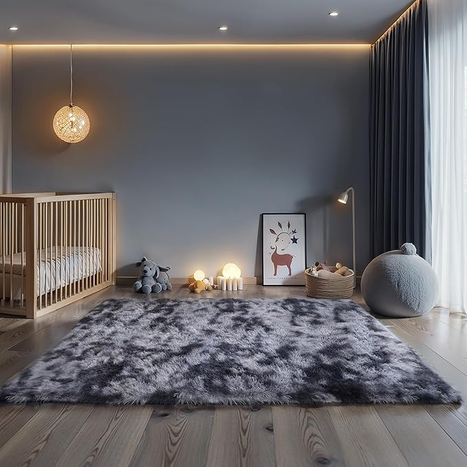 KICHOWUA 4x6 Dark Grey Fluffy Shag Rug for Bedroom, Soft Plush Fuzzy Washable Non Slip Floor Cozy Carpet for Living Room, Modern Comfy Furry Shaggy Area Rug for Kids Baby Nursery Dorm, Tie-Dye Gray