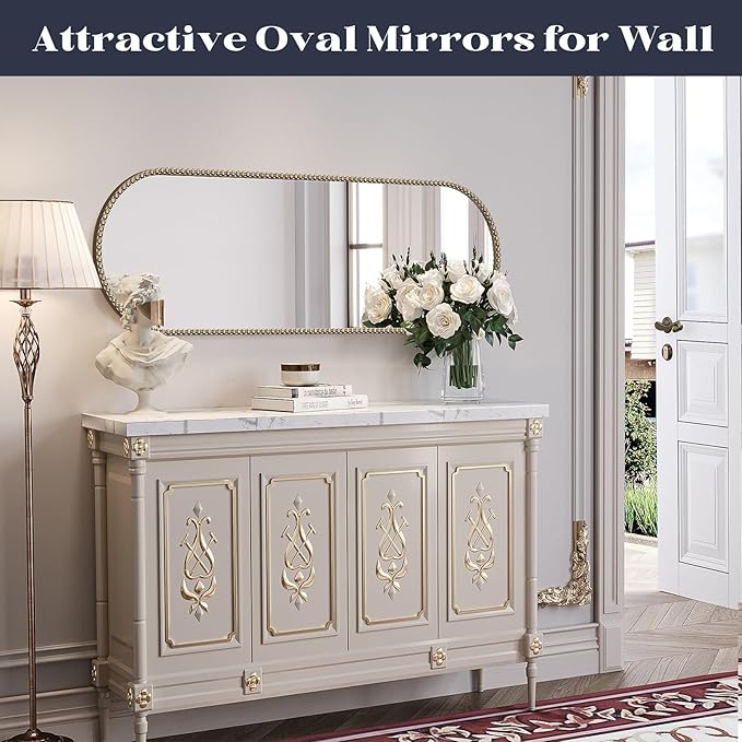 Champagne Bronze Bathroom Mirror with Beaded, 16"x48" Oval Full Length Mirror for Wall Decorated, Gold Vintage Bead Mirrors with Brass Frame for Bedroom,Living Room,Hallway,Fireplace