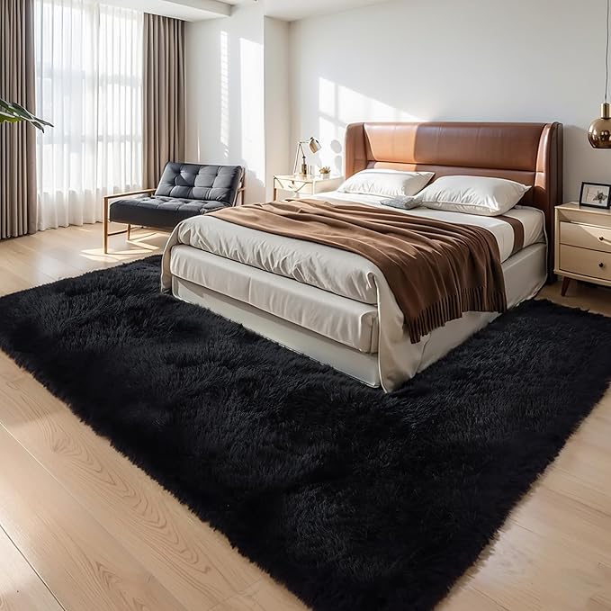 KICHOWUA Thick Area Rug Black Fluffy Shag 6x9 for Bedroom, Ultra Soft Plush Shaggy Fuzzy Washable Carpet, Modern Thickened Non-Slip Cozy Furry Rug for Living Room Kids Baby Nursery, and Dorm