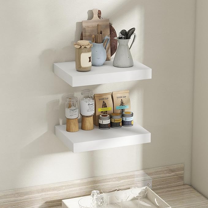 Fun Memories Floating Shelves for Wall, 12 x 16 Floating Shelf for Books, Rustic Wood Deep Storage Wall Shelf with Invisible Bracket - 16" White Shelves for Living Room & Bedroom, Set of 2