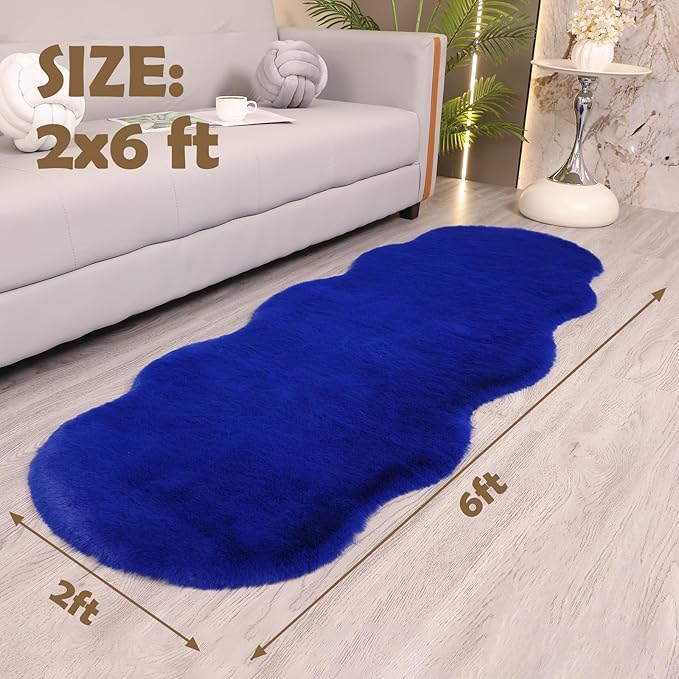 Fluffy Synthetic Rabbit Fur Area Rug Soft Faux Rabbit Plush Rug Machine Washable Non-Slip Backing High Density Floor and Sofa Seat Cushions for Living Room White and Blue 2x6 ft