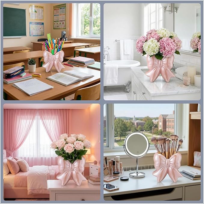 Jingmore Iridescent Pink Bow Vase Coquette Ceramic Vase Pen Holder Makeup Brush Holder Contemporary Design Women Decorative Gift for Wedding Home Office Shelf Table Room(Small, Classic)