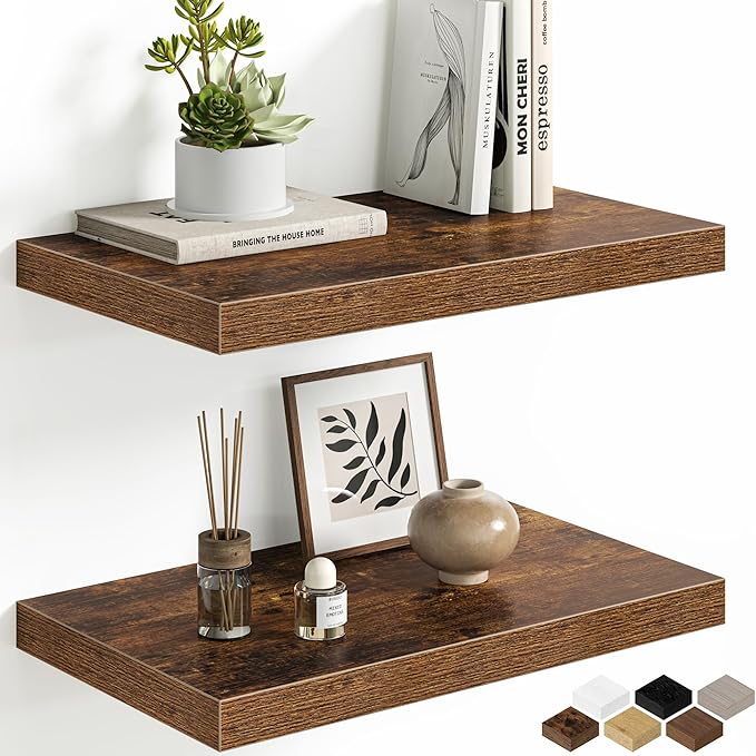 Floating Shelves Set of 2, 12 Inch Deep Floating Shelves with Heavy Duty Brackets, 20'' Rustic Wood Wall Mounted Shelf for Bathroom, Bedroom, Living Room & Kitchen, Modern Home Decor Storage, Brown