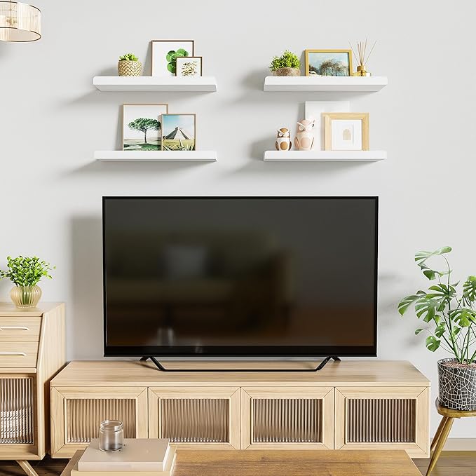 Love-KANKEI White Floating Shelves for Wall Set of 4, Wood Wall Shelves with Lip,15.6 Inch Rustic Hanging Shelves for Bedroom Bathroom Living Room Kitchen Nursery Display