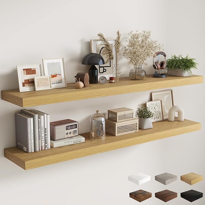 Fun Memories 72 Inch Floating Shelves, 12 Inch Deep Wall Shelf for Fireplace Mantel, Large Display Shelf & Storage Shelf, Wood Floating Wall Shelves for Home & Office, Oak, Set of 2