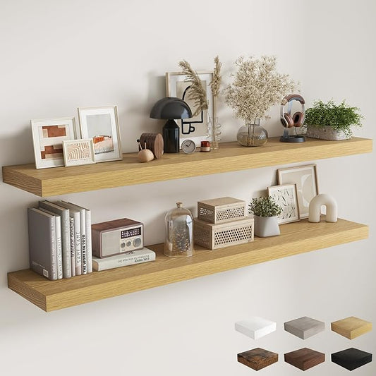Fun Memories 72 Inch Floating Shelves, 12 Inch Deep Wall Shelf for Fireplace Mantel, Large Display Shelf & Storage Shelf, Wood Floating Wall Shelves for Home & Office, Oak, Set of 2