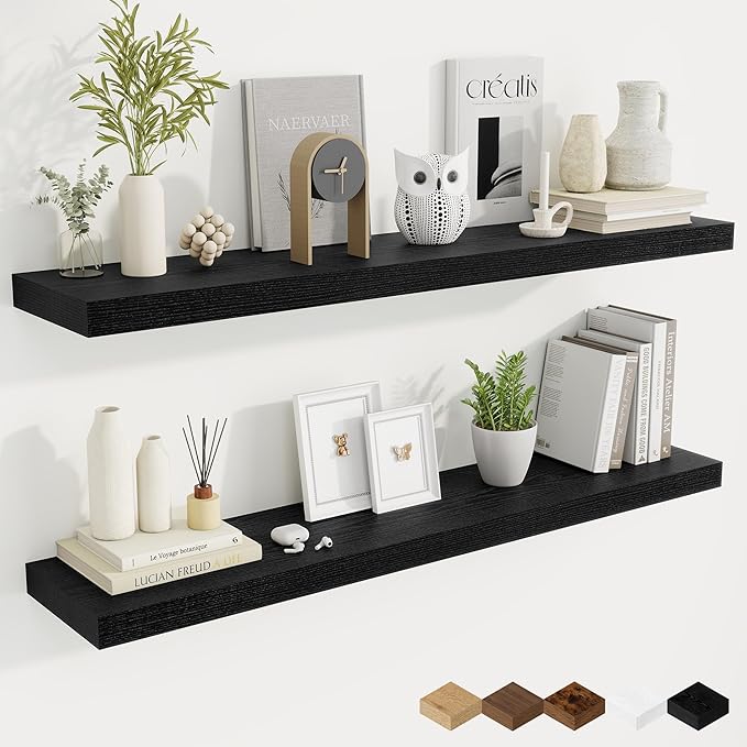 Fun Memories 48 Inch Black Floating Shelves, 9.3 Inch Deep Wall Shelves for Living Room|Bedroom|Kitchen, Rusitc Wall Mounted Bathroom Shelves 2 Pack, Heavy-Duty Deep Shelf for Books，Decor