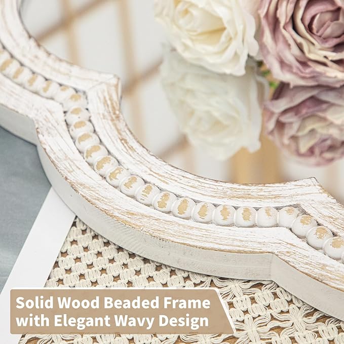 30 Inch Round Wall Mirror, Whitewashed Wooden Frame with Scalloped Edge & Beaded Trim, Decorative Farmhouse Boho Mirror for Bedroom, Bathroom, Living Room, Entryway
