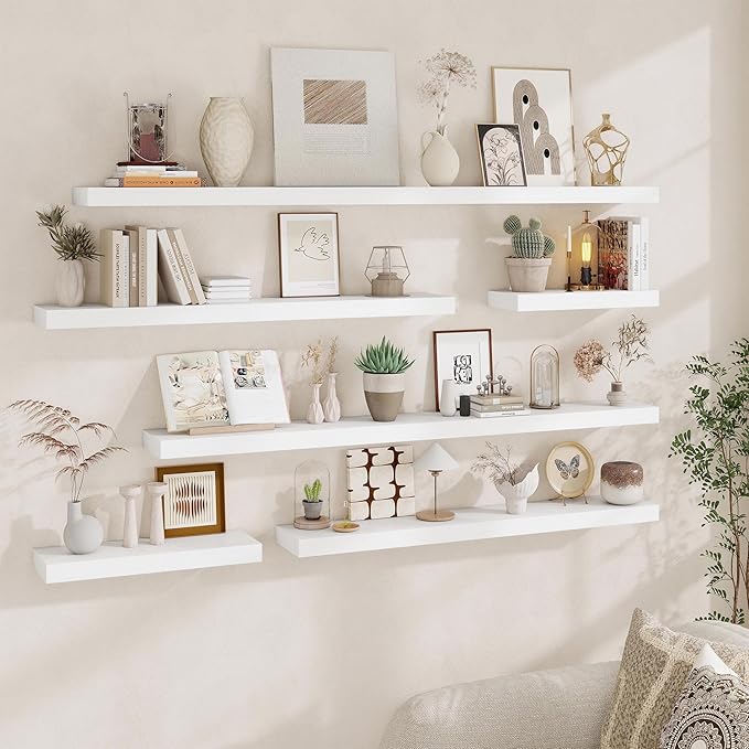 Fun Memories Floating Shelves for Wall, 48Inch Long Floating Shelves Set of 1, Hanging Shelf with Invisible Brackets, Wood Shelves for Living Room, Bedroom, Kitchen, White