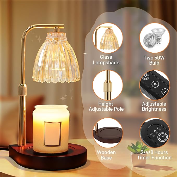 AIFEI Candle Warmer Lamp with Timer, Dimmable Candle Lamp with Adjustable Height, Birthday Gifts for Women Mom, House Warming Gifts New Home, Candle Lamp Warmer for Jar Candles with 2 Bulbs - Wood