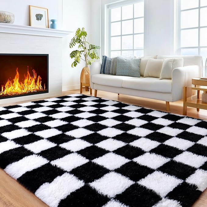 Checkered Rugs for Living Room 6x9, Ultra Soft Fluffy Rug for Bedroom, Modern Shaggy Carpets Rug for Girls Boys Room Home Indoor Nursery Teens Dorm Decor, Upgrade Non-Slip Durable, Black and White
