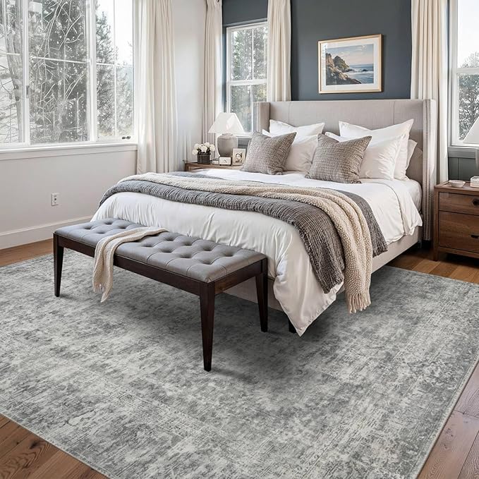 Rugxara 5x7 Area Rugs for Living Room Bedroom, Grey Washable Rug, Neutral Abstract Boho Rug, Non Slip & Low Pile Faux Wool Carpet for Indoor Dining Room and Farmhouse(Grey 5x7ft)