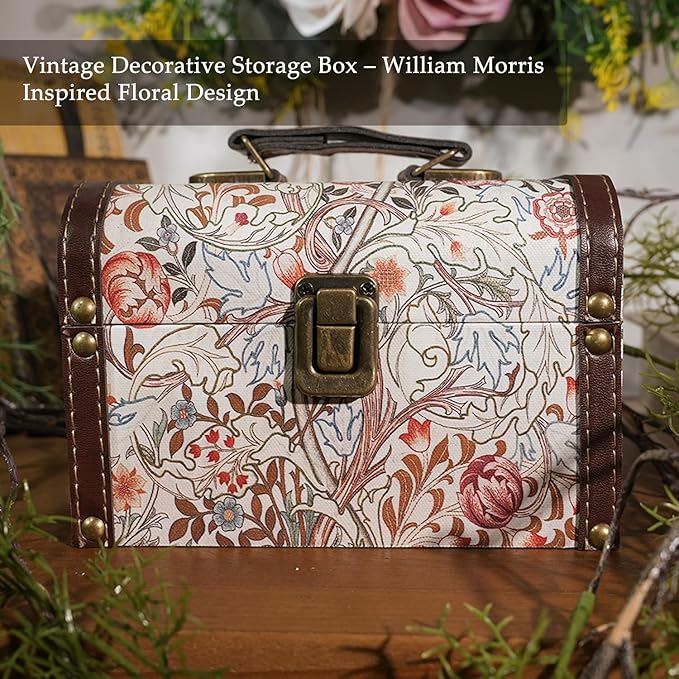 Vintage Decorative Storage Box with Handle, Retro Floral William Morris Keepsake Organizer Chest for Jewelry, Trinkets, Gift Packaging and Home Decor, 7 x 5.6 x 4.7 Inch