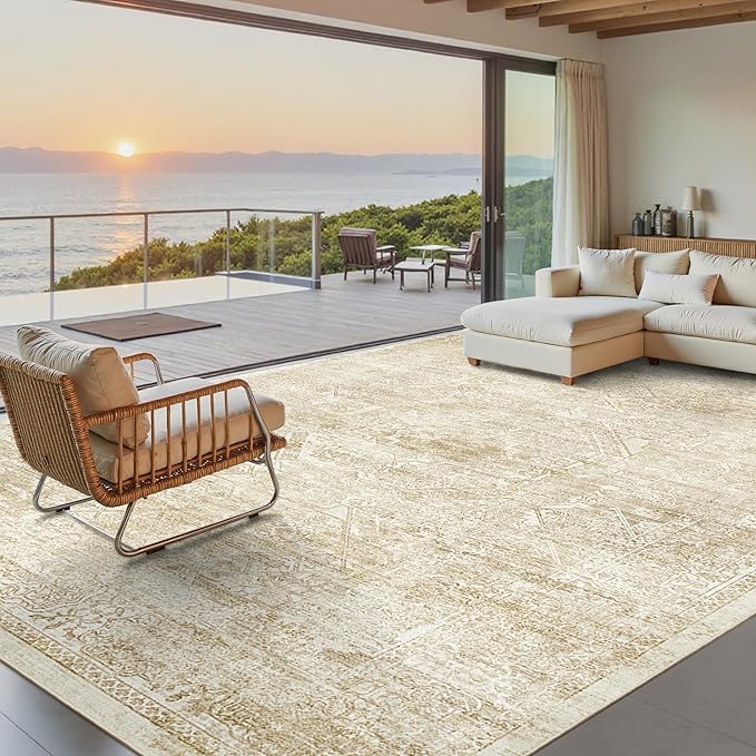 Soalmost Washable Area Rug 10x14, Large Soft Rugs for Living Room Vintage Beige Rug 10x14 Area Rugs for Bedroom Dining Room Floral Non-Slip Thin Rug