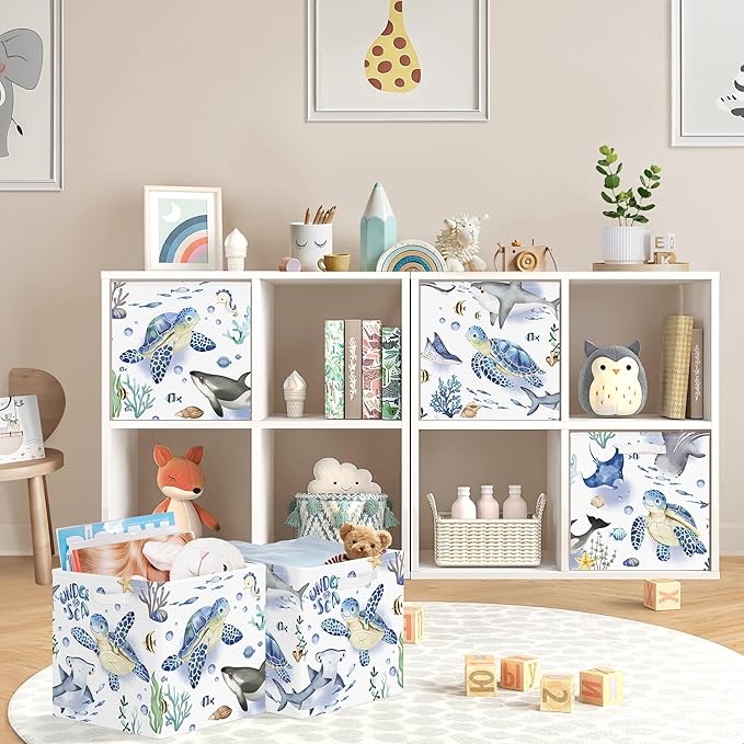 11.8" Marine Animals Cube Storage Organizer Set 3Pcs Ocean Sharks Turtles Cube Storage Bin for Bathroom/Bedroom Kid Book Toy Chest, Seaweed