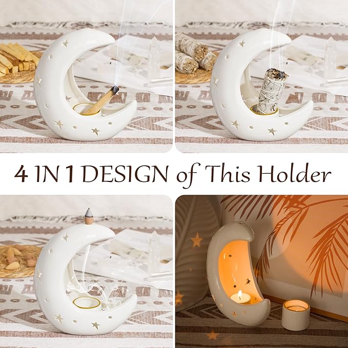 ZenBless Moon Versatile Ceramic Backflow Incense Holder and Burner Waterfall,for Burning Sage, Palo Santo, Backflow Cone and Candle,Aromatherapy Ornament Home Room Decor,the Ideal Present (White)