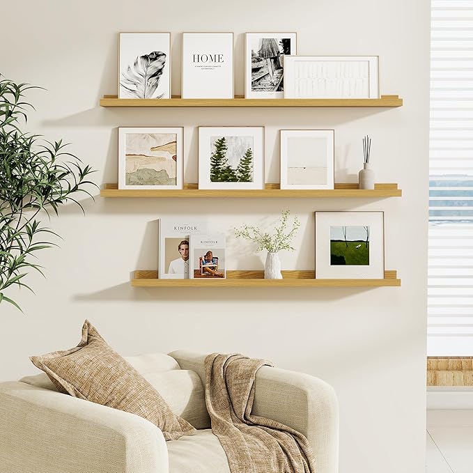Fun Memories Picture Ledge Shelf, Floating Shelves Set of 4, 36 Inch Picture Shelves for Wall with Ledge, Large Nursery Book Shelf for Toys Storage, Living Room, Bedroom Decor Frames, Oak