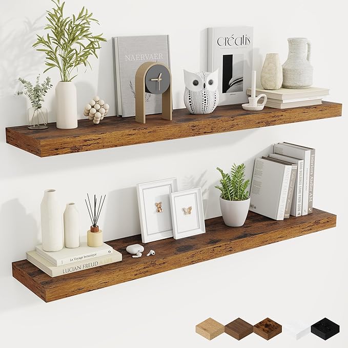 Fun Memories 48 Inch Brown Floating Shelves, 9.3 Inch Deep Wall Shelves for Living Room|Bedroom|Kitchen, Rusitc Wall Mounted Bathroom Shelves 2 Pack, Heavy-Duty Deep Shelf for Books，Decor