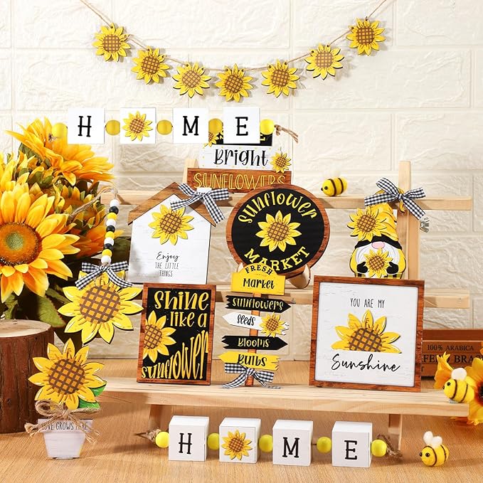 Bucherry 17 Pcs Sunflower Tiered Tray Decor Set Farmhouse Wooden Summer Table Signs Rustic Decorations for Home Spring Summer Table Centerpieces for Home Kitchen Shelf Tabletop