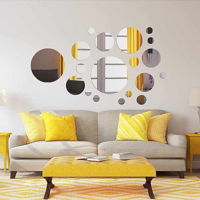 Shappy 32 Pcs Acrylic Mirror Wall Stickers Removable Round Wall Decal Circle Mirror Tiles for Home Bathroom Living Room Bedroom TV Background Decor(Silver,X Large Size)