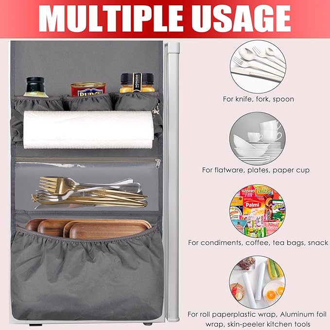 Mini Fridge Organizer Dorm Essentials - Over the Fridge Caddy Organizer, Dorm Room Storage, Mini Refrigerator Dust Cover Top with 12 Extra Large Fabric Pockets for Office Kitchen Home School, Grey