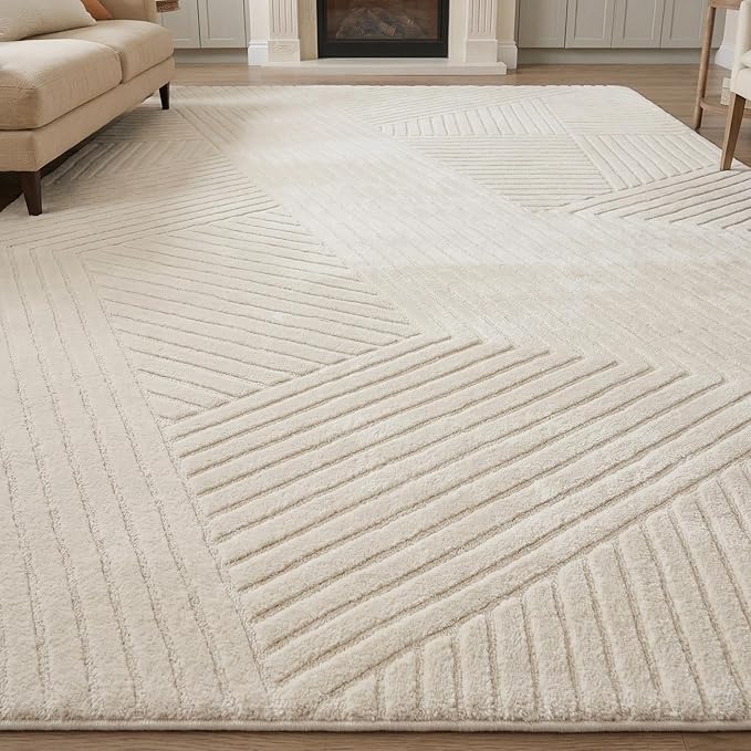 5x7 Solid Color Area Rugs, Washable Beige Modern Geometric Living Room Rug, Durable Non-Slip Soft High-Low Pile Carpet, Fluffy Floor Rugs for Bedroom, Kids Room, Nursery, Home Décor