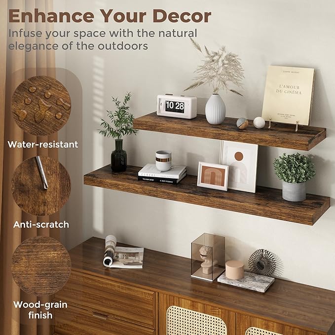 Fun Memories 12 Inch Deep Floating Shelves, 67 Inch Long Extra Large Floating Shelves for Home & Office, Wall Shelves with Invisible Bracket, Rustic Brown, Set of 1