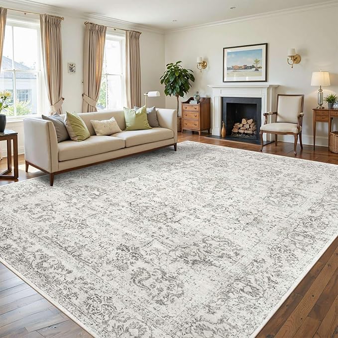 9x12 Extra Large Washable Area Rug, Soft Neutral Vintage Boho Rug for Living Room, Bedroom, Office, Farmhouse, Low Pile Imitation Wool Non Slip Carpet Ideal for High-Traffic Areas, Light Grey
