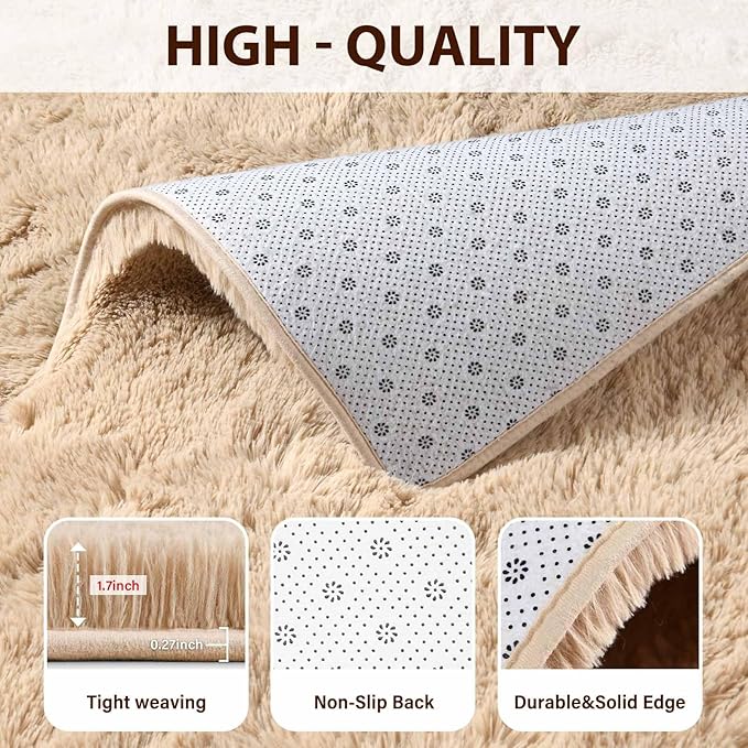 FinRèc 8x10 Feet Rugs for Bedroom Living Room, Tan Fluffy Plush Area Rug, Non-Slip High Pile Shaggy Rug for Kids Room Dorm Room Home Decor, Indoor Solid Shag Floor Carpet